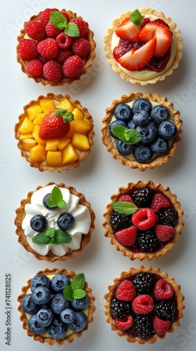 A set of fruit tarts with fresh berries. Generative AI.