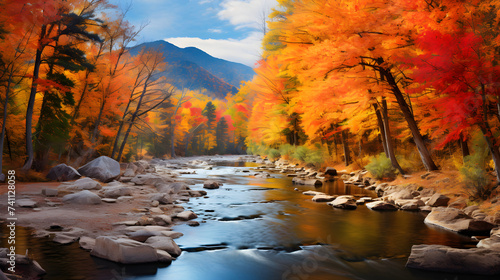 Serene Twilight Amidst Autumn Foliage  Leaves  Stream and Mountainous Backdrop Depicting a Resplendent Fall Landscape