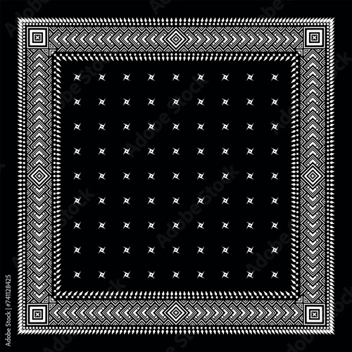 Simple Black Bandana decorated with white geometric ornament that can be applied to fabrics of various colors (ID: 741128425)