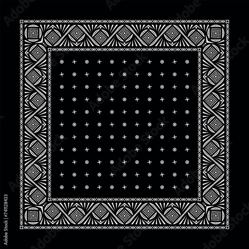 Simple Black Bandana decorated with white geometric ornament that can be applied to fabrics of various colors (ID: 741128433)