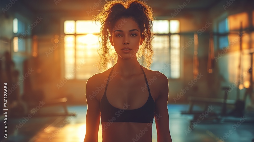 Portrait of sporty beautiful lady in sportswear. Confident young woman wearing a top standing alone in a gym after workout. Sport concept. Fitness concept. Gym concept. Health care concept. - obrazy, fototapety, plakaty 