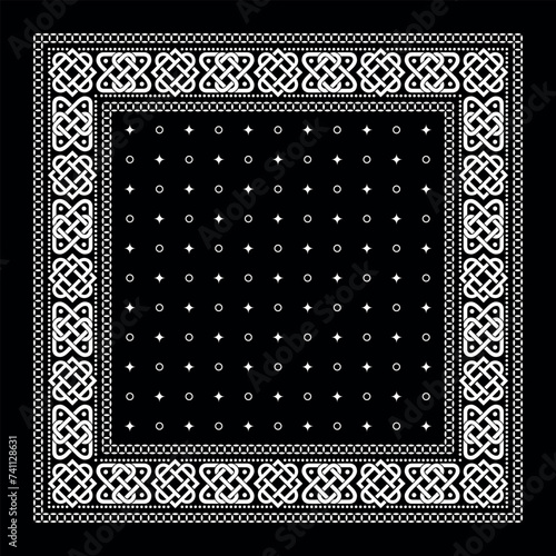 Simple Black Bandana decorated with white geometric ornament that can be applied to fabrics of various colors (ID: 741128631)