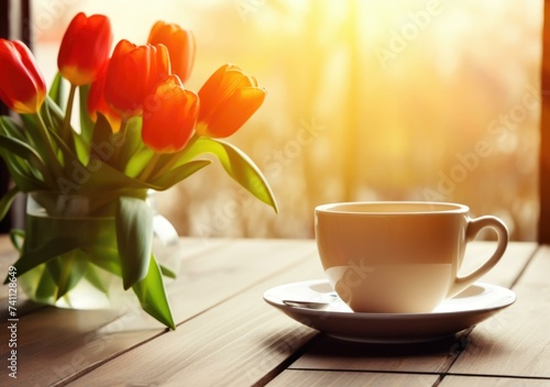 A cup of coffee and tulips on a wooden table with sunlight. Generative AI.