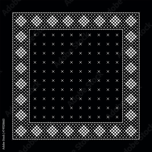 Simple Black Bandana decorated with white geometric ornament that can be applied to fabrics of various colors (ID: 741128663)