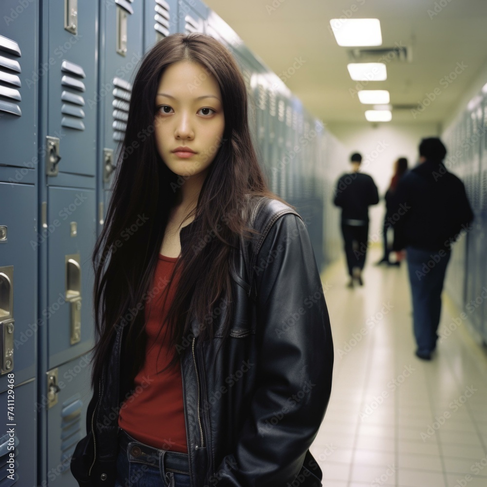 A young woman standing in a hallway with lockers behind her. Generative AI. A young woman standing in a hallway with lockers behind her. Generative AI.