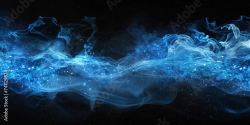 Shiny smoke. Glitter fluid. Ink water. Magic mist. Blue color particles texture paint vapor storm wave photo