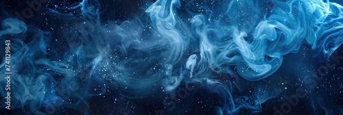 Shiny smoke. Glitter fluid. Ink water. Magic mist. Blue color particles texture paint vapor storm wave