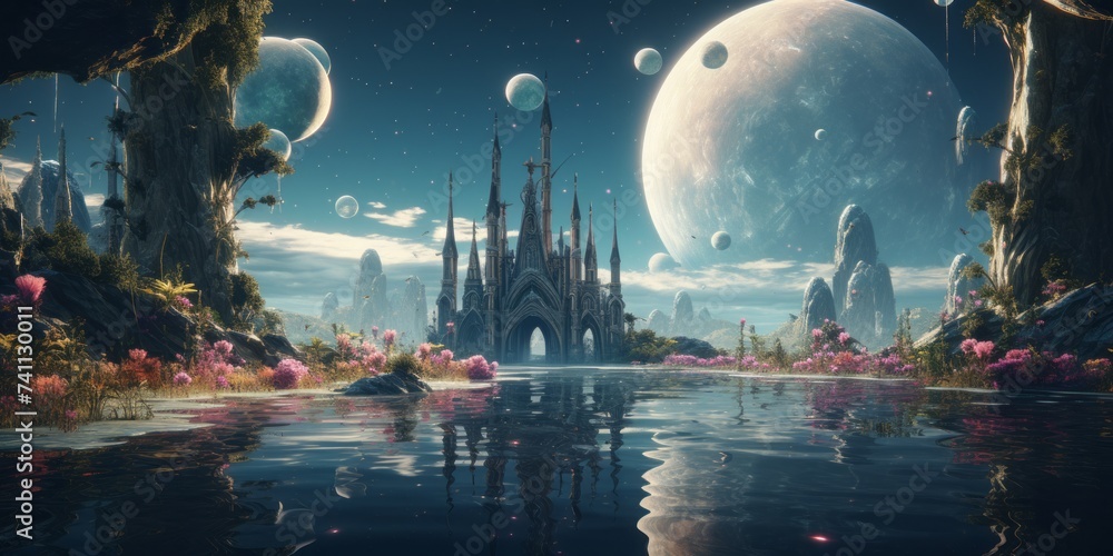 fantastical landscape featuring a gothic castle surrounded by water with blooming flowers, mountains and large planets in the sky