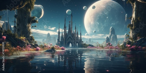 fantastical landscape featuring a gothic castle surrounded by water with blooming flowers, mountains and large planets in the sky