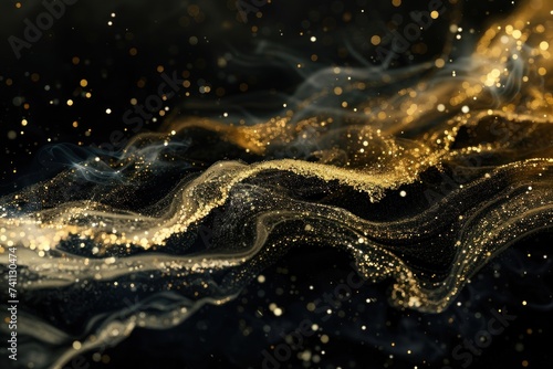 Shiny smoke. Glitter fluid. Ink water. Magic mist. Gold color particles texture paint vapor storm wave