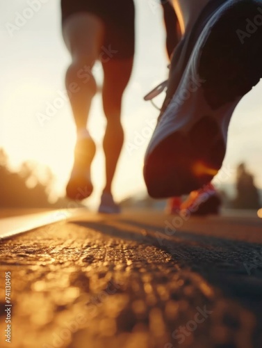 The legs of two people running on a road. Generative AI.