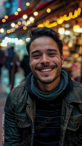 A man is smiling in front of a store. Generative AI. © Natalia