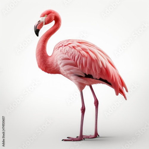 Elegant pink flamingo standing on one leg with a white background, ideal for nature and wildlife themes.