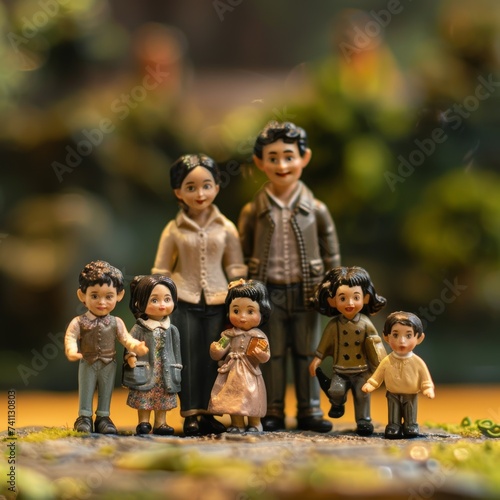 Multi-Generational Family Unity: Diverse Miniature Figures in Garden Setting