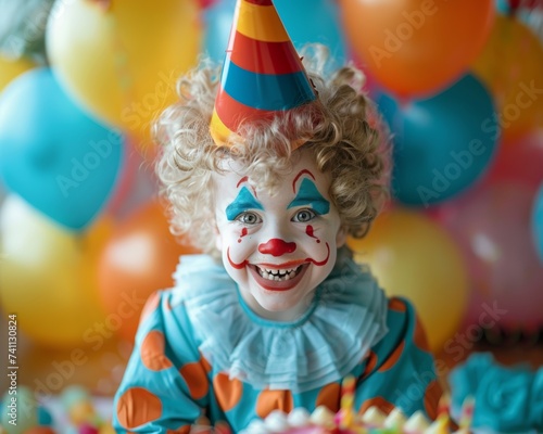 Close-up of a child with a beaming smile, dressed in clown makeup and a party hat, amidst a backdrop of colorful balloons.