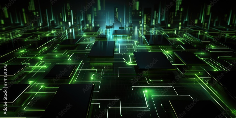 Abstract digital technology background with glowing green circuit lines on a dark backdrop.