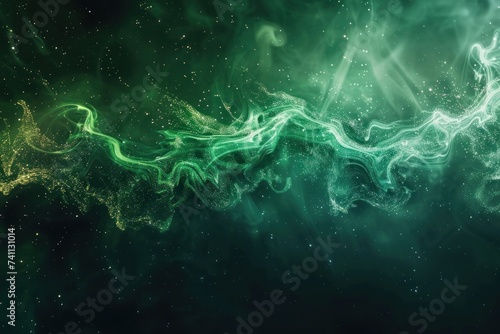Shiny smoke. Glitter fluid. Ink water. Magic mist. Green color particles texture paint vapor storm wave © GalleryGlider
