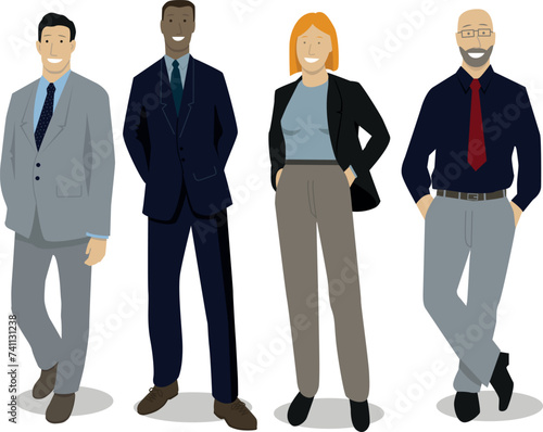 illustration vectorielle représentant des personnages, employé de bureau, cadres. Une équipe souriante et soudée au sein d'une entreprise