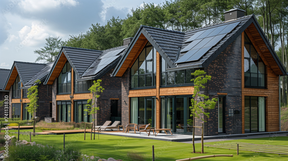 Newly built houses with solar panels attached on the roof against a sunny sky, street of houses with black solar panels during spring with flowers and blooming trees Newly built houses with solar panels attached on the roof against a sunny sky, street of houses with black solar panels during spring with flowers and blooming trees
