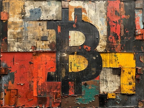 Bitcoin on Canvas: An Urban Grunge Art Piece Merging Crypto Finance with Street Art Aesthetics on Weathered Wall photo