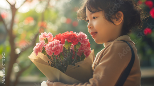 母の日に贈るカーネーションを愛おしそうに見つめる子どものポートレート photo