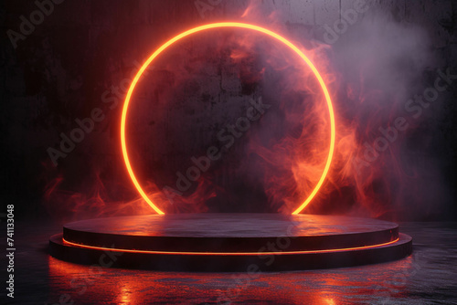 futuristic empty podium stage with Smoke and neon light