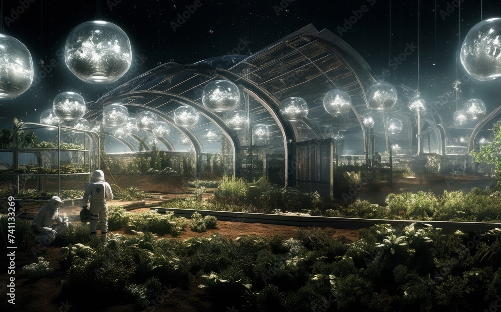 A futuristic depiction of agriculture shows cultivation and farming in glass enclosures on the surface of Mars in space, highlighting innovation and sustainability efforts in space colonization and