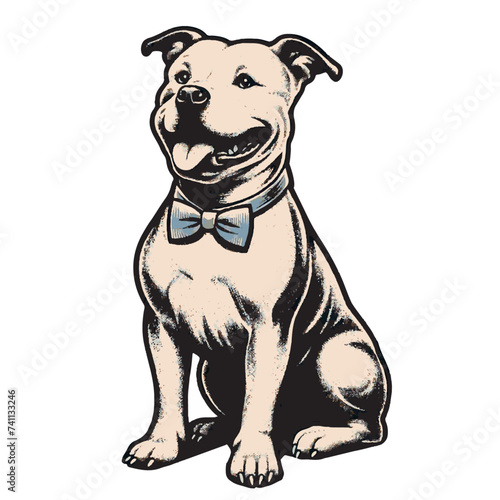 retro pop style illustration of cute sitting pit-bull dog with bowtie  vector graphic resource