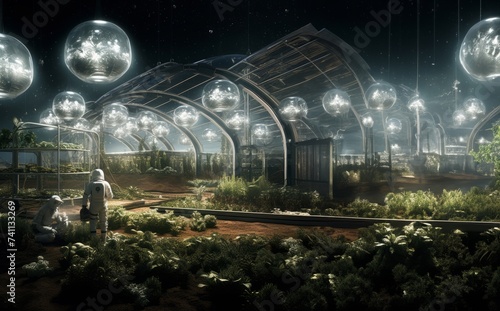 A futuristic depiction of agriculture shows cultivation and farming in glass enclosures on the surface of Mars in space, highlighting innovation and sustainability efforts in space colonization and
