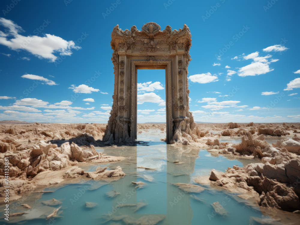 An ornate arch stands amid a desert landscape with puddles of water in the background. Ai generative illustration