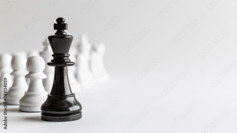 Fototapeta premium Black chess king standing ahead of white pawns on white background. Strategy and competition concept. Generative AI