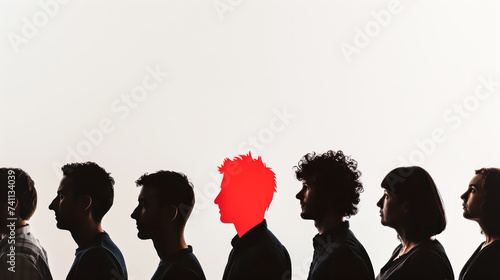 Silhouetted profiles of several individuals with one profile in red, symbolizing leadership and standing out. Ai generative