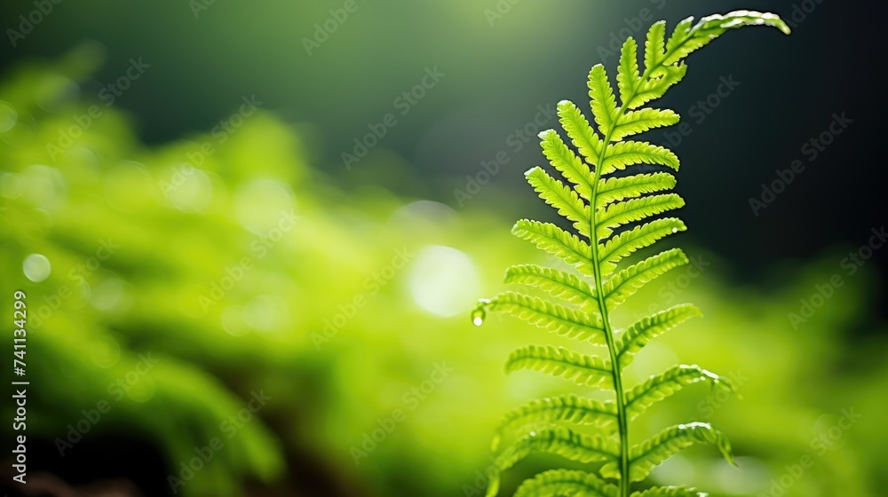 Vibrant green fern leaf with soft-focus background in a sunlit forest setting.