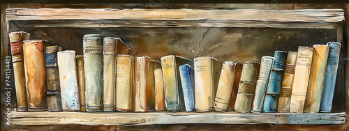 Old weathered bookshelf filled with worn vintage books. Watercolor painting art style. Generative ai.