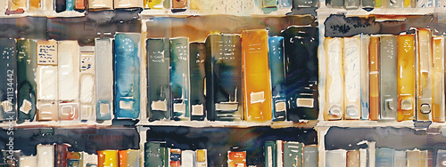 Archive shelf filled with numerous binders, a wealth of knowledge and information. Watercolor painting style. Generative ai.