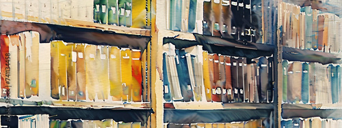 Archive shelf filled with numerous binders, a wealth of knowledge and information. Watercolor painting style. Generative ai.