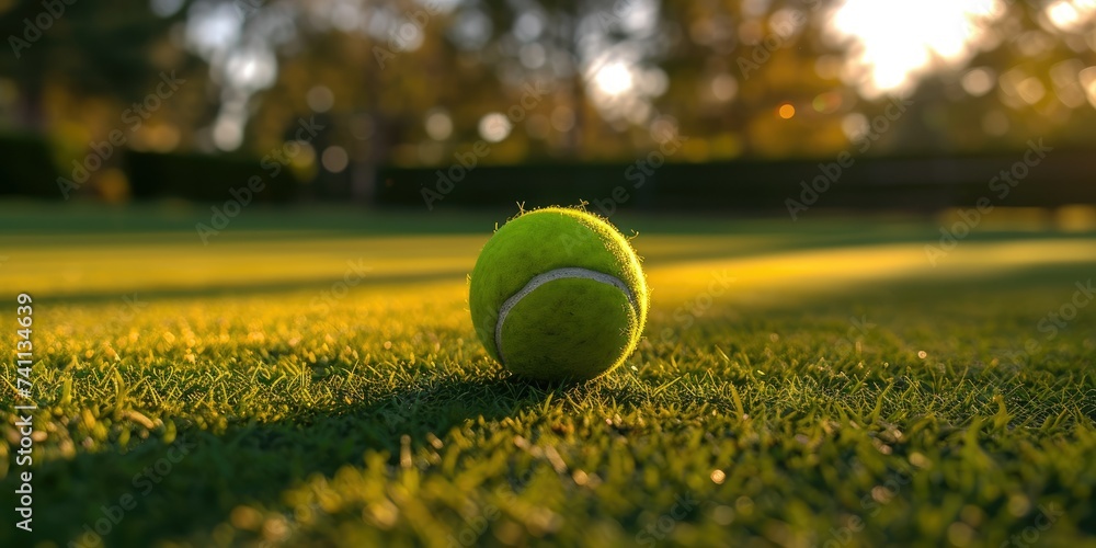 Tennis ball on grass court with sunset light, selective focus.
