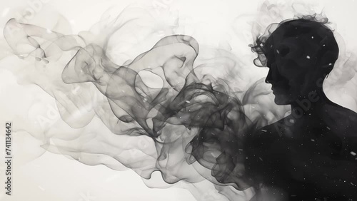 man materializing through swirling smoke abstract ink forming. man illustration by black smoke on white background. seamless looping overlay 4k virtual video animation background  photo