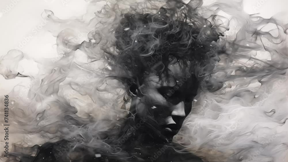 man materializing through smoke an abstract ink. seamless looping overlay 4k virtual video animation background 