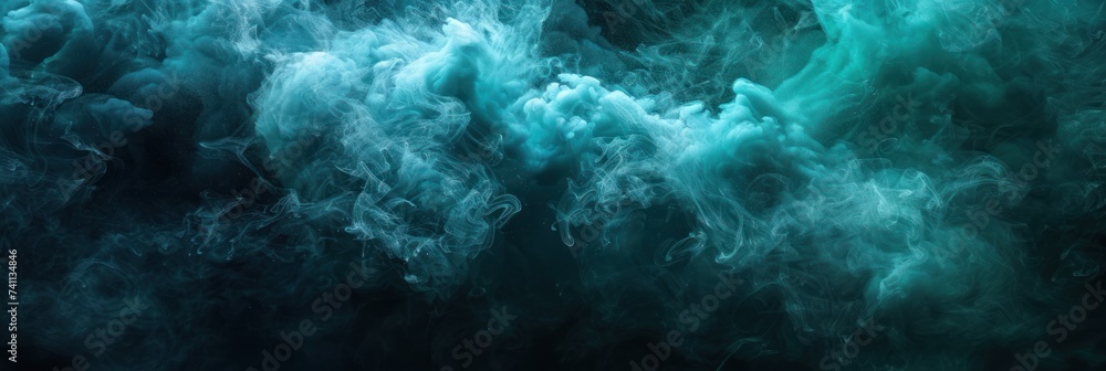Shiny smoke. Glitter fluid. Ink water. Magic mist. Turquoise color particles texture paint vapor storm