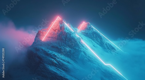 Two lights create a line on the top of a mountain, featuring luminous 3D objects, conceptual digital art in dark white and light blue, conceptual embroideries, and a tilt shift effect. photo