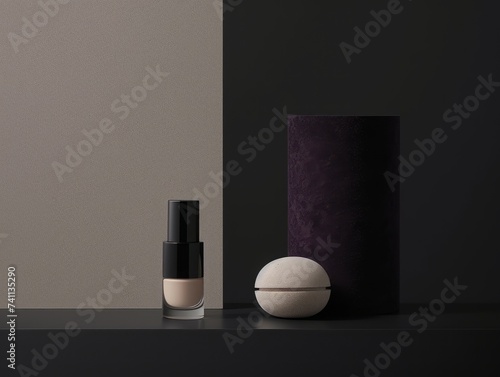 A makeup bottle and a cosmetic sponge are placed on a black surface, exhibiting soft and rounded forms in shades of violet, beige, and maroon, with the use of light and shadow.