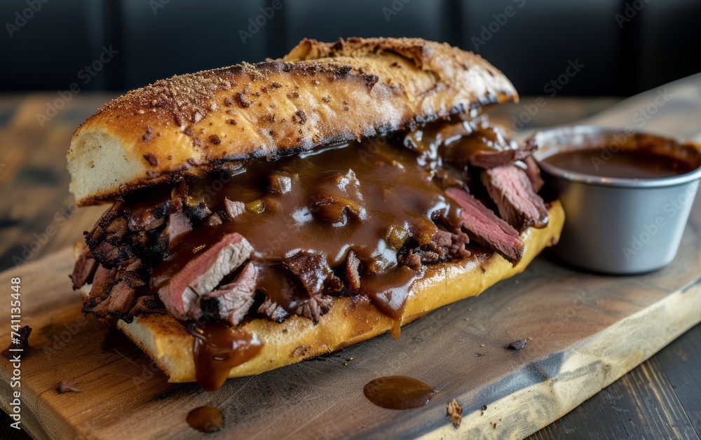 A roast beef sandwich with gravy is presented on a wooden board, in dark crimson and dark amber, resembling melting pots. A roast beef sandwich with gravy is presented on a wooden board, in dark crimson and dark amber, resembling melting pots.