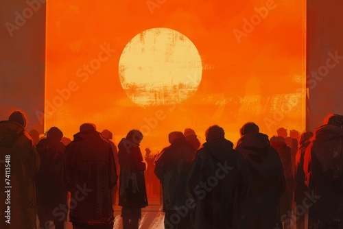 Church people praying in front of an orange sky, in an orthogonal style, and nabis art.