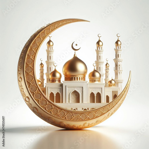 Ramadan kareem 3d gold and white moon with mosque background Ai generative.