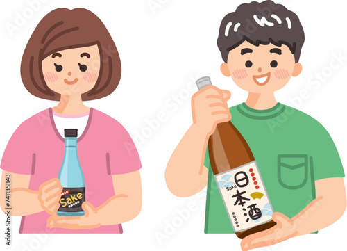 日本酒を持った若い男女