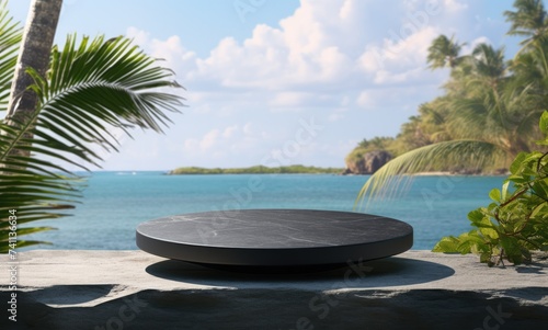 Stone podium to present products. Design with beach and background plants. Mockup for branding, packaging © ahsart