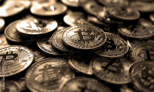 Treasury of Cryptocurrency: A Pile of Glistening Bitcoins in Dark Ambiance