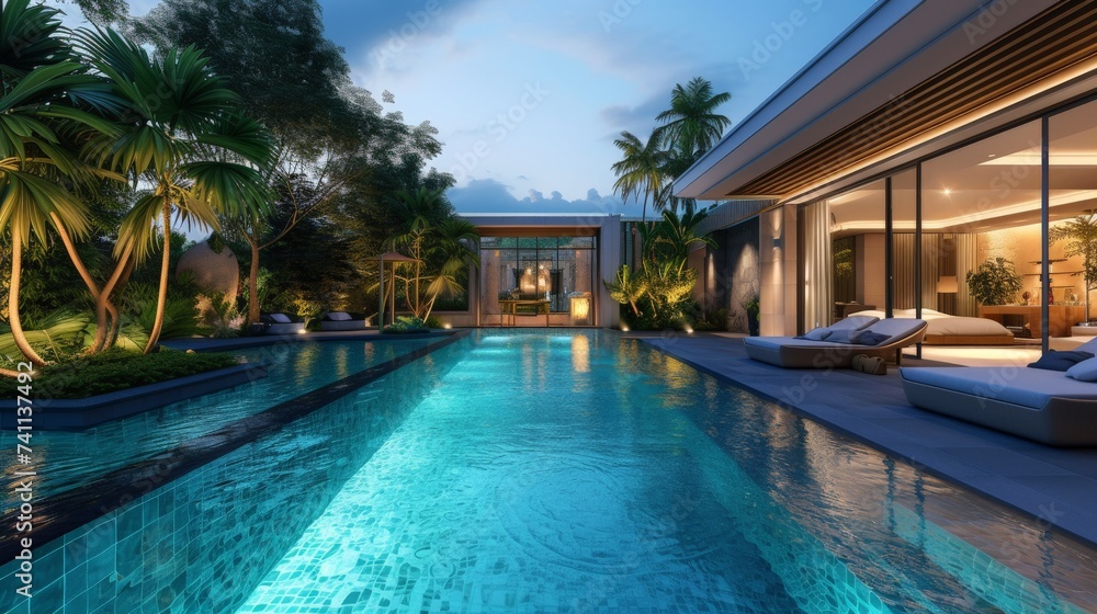 The luxurious swimming pool in the luxury pool villa holds parties.