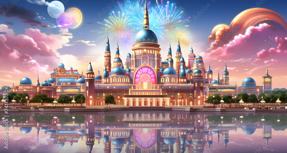 a cartoon castle is being set by water and fireworks
